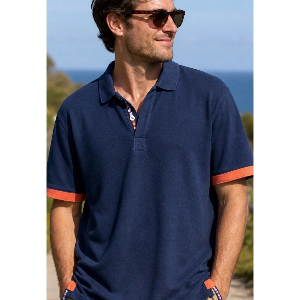 Orvis Polo Shirt Mens XL Nautical Flag Trim‎ Short Sleeve Casual Golf Coastal